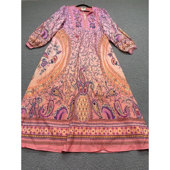 Farm Rio Anthropologie Maxi Dress Women Pink Floral Preppy Boho Retro Sz L NWT - Picture 3 of 14